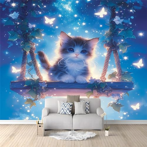 Papier Peint Panoramique Chat papillon ciel étoilé, 150 x 105 cm Papier Peint Intissé Personnalisé Photo Murale pour Salon Chambre d'enfants restaurant Appartement Décoration Murale