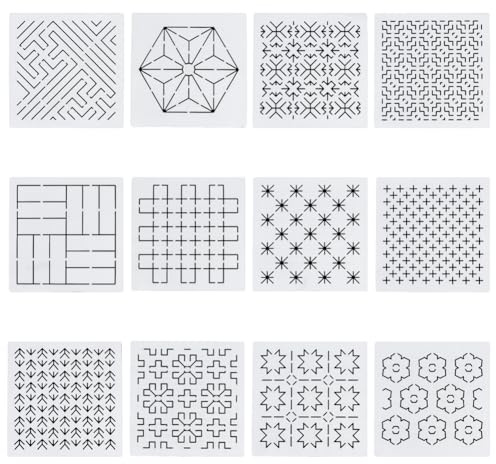 FREEBLOSS 12pc 5.5 * 5.5in Plastic Sashiko Stencils - 12 Different Geometric Embroidery Patterns for Sashiko, Hand Quilting