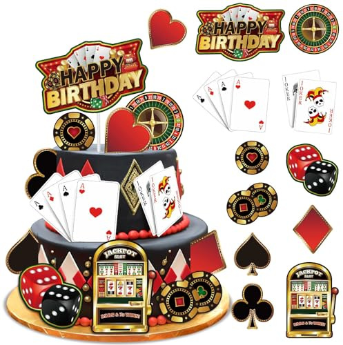 Vezerd Tortendeko Geburtstag, 12 Stück Casion Kuchen Deko Tortenaufleger, Cupcake Topper zum Geburtstag Poker Würfel Cake Dekoration, Happy Birthday Muffin Torten deko für Spieleparty/Poker Party