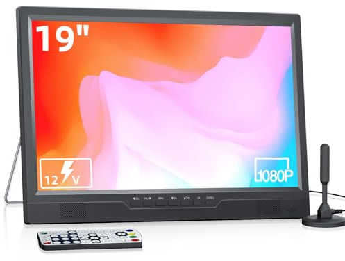 Desobry 19 Inch Portable TV with freeview Antenna, 1080P Small Television with HDMI AV Input, USB Port, Portable Monitor with Built-in Stand, 12V TV for caravan motorhome kitchen bedroom (No Battery)
