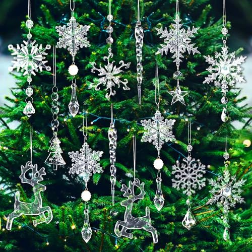 18pcs Crystal Christmas Tree Ornaments, Hanging Acrylic Snowflake Icicle Ornaments with Drop Pendants