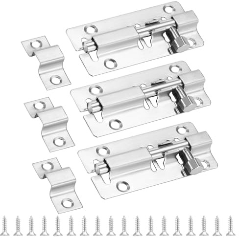 HonGien 3PCS Door Lock Bolt Heavy Duty Door Security Bolt Stainless Steel Barrel Sliding Door Lock with Screws for Bathrooms, Bedrooms, Toilets, Gardens, Sheds, Shower Rooms 97mm Silver (4 inch)