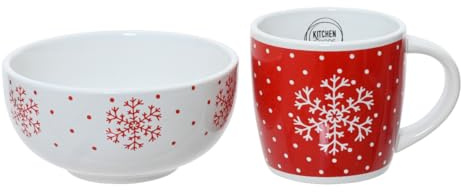 Frühstücksgeschirr Keramik - 2er Set Schüssel & Tasse mit Weihnachtsmotiv - Geschirr für Weihnachten - Schale & Becher - Frühstücksset Weiß Rot