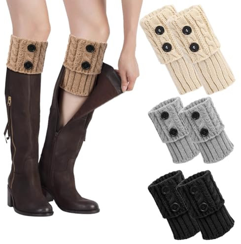 AUYAO Winter Stulpen Damen 4 Paar Winter Beinstulpen Kurze Gestrickte Beinwärmer Stricken Häkelarbeit Damen Leg Warmers Mädchen Knöchelwärmer Abdeckung für Winterwärmer (Schwarz+Hellgrau+Beige+Khaki)