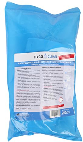 3000 Stück Hygoclean Desinfektionstücher QAV frei | PP, Karton, 200 Stück, blau, L: 20cm, B: 20cm, Nachfüllpack, Schnell-Desinfektionstücher in Spenderdose, Reinigungstücher