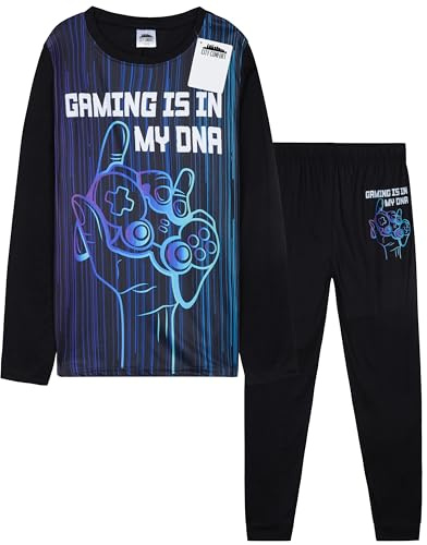 CityComfort Pigiama Ragazzo Adolescenti Set Pigiami Lunghi con Motivo Gioco Abbigliamento da Casa Regalo Bambino (13-14 Anni, Nero/Blu Gioco)