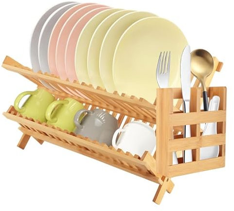 Escurridor de platos de bambú de 2 niveles con soporte para utensilios, escurridor de madera plegable para encimera de cocina, 20 ranuras, cuenco y soporte para platos, 26 x 42 x 24 cm