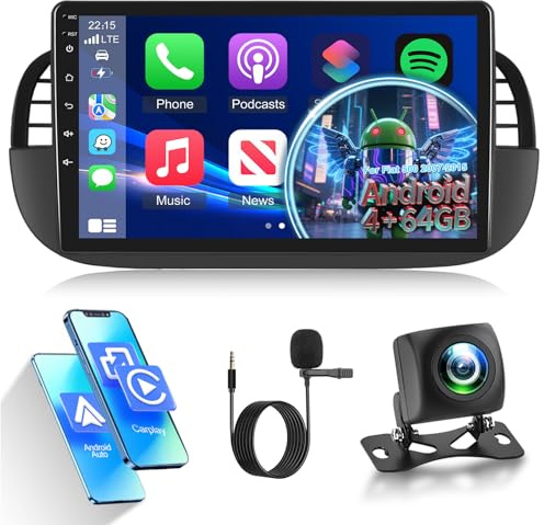 4G+64G Car Radio for 2007-2015 Fiat 500 Radio with Carplay & Android Auto | 9 inch IPS Touch Screen Car Stereo with GPS, WiFi, 32EQ, Bluetooth 5.0, FM/RDS Radio