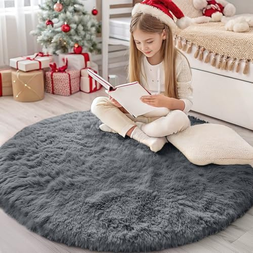 Homaxy Hochflor Waschbar Klein Teppich Wohnzimmer 120 cm Rund, Dunkelgrau | Anti-Rutsch Unterseite Teppiche, Flauschig Teppich fürs Kinderzimmer, Schlafzimmer