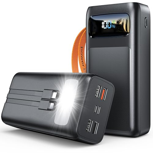 60000mAh Powerbank 45W PD Schnellladegerät Integriertes Kabel USB C Akku | 60000mAh Kapazität, 45W PD Schnellladung, Integriertes USB-C Kabel, Digitaldisplay, 7 Ausgänge, LED Taschenlampe, Camping