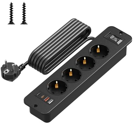 Einbausteckdose 4-Fach mit 4 USB (PD 20W), Überspannungsschutz | Mit Überlastschutzschalter, 2M Verlängerungskabel und Tischsteckdose für Küche, Schreibtisch und Konferenztisch