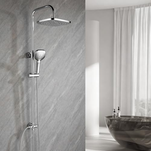 Ronvie Regendusche Chrom ohne Armatur, 25x25cm Regendusche Duschkopf | Quadratisches 3 Strahlarten Duschkopf, Duschsystem ohne Armatur Höhenverstellbar Duschstange von 79-128cm für Badezimmer