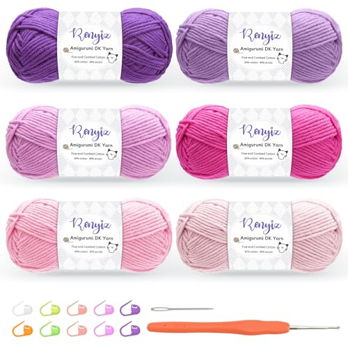 Renyiz Ovillo de Lana para Ganchillo de 2,5 mm (6 x 50 g, 60% Algodón, 50% Acrílico) con Agujas de Ganchillo Multicolor y Accesorios Adicionales, Ideal como Lana de Bebé, Punto o Crochet, Color Rosa