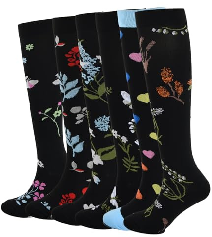 Aurafly 6 Paires Chaussettes de Compression, Bas de Contention pour Hommes et Femmes, Chaussette Hautes pour Sportive, Cyclisme, Voyage en Avion, Course à Pied(EU 38-41)