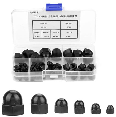Hutmuttern, 70 Stück M3 M4 M5 M6 M8 M10 Nylon Metrisches Sechskant-Hutmuttern-Set, Kuppelkopf-Bolzenkappe für Maschinen, Möbel, Automobil-Befestigungselemente (Schwarz)