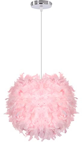 DLGLOLIN Rosa fjäderkrona, hängande lampa, dekorativ taklampa, E27, inomhushängande lampa för barnrum, flicka, baby, 35 cm