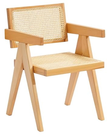 Bequemer Rattan-Sessel mit Armlehne und Rückenlehne aus Holz, stilvoller Freizeitstuhl für den Innenbereich, Schlafzimmer, Küche, Esszimmer, perfekt zum Entspannen (Holz-Finish)