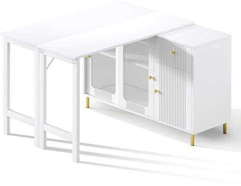 Multifunktionell bufféskåp, skänk, bordsskiva vikbar utdragbar vridbar, härdad glasskjutdörrar, vågig front, metallben, lådor, förvaringsutrymme, användning kök matsal vardagsrum (vit)