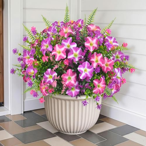12 Bündel Kunstblumen wie Echt Lila Künstliche Blumen Balkon Outdoor Deko | Wetterfest Lila Petunien im Freien Fake Blumenstrauß Seidenblume Petunien Balkonblumen Blumenkasten Deko