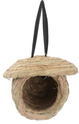 HEMOTON Nido de Paja Natural para Aves Pequeñas, Tejido a Mano, Tamaño Pequeño 19x19x14 Cm, Accesorio para Jaulas de Periquitos y Cotorras, Cuerda de Color Aleatorio, Refugio Cálido