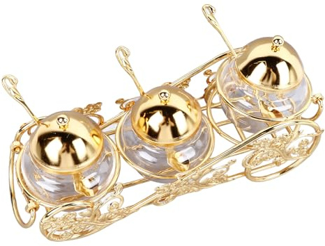 TOPINCN Juego de 3 Piezas de Tarro de Azúcar Dorado de Estilo Europeo, Elegante Bote para Condimentos de Vidrio Pulido con Cuchara con Tapa, Ideal para Hoteles, Cafeterías y Banquetes, Duradero y