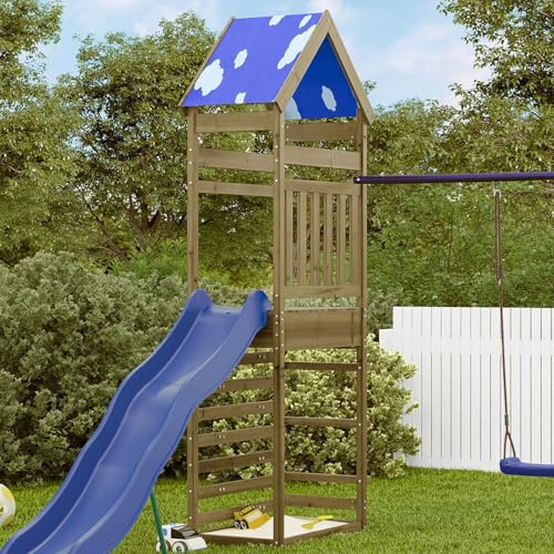 LoogCape Torre de juego marrón 52,5 x 85 x 265 cm de madera impregnada para jardín, niños, exteriores, con tobogán, columpio, porche y accesorios, ideal para aventuras en verano y al aire libre