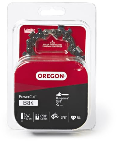 Oregon B84 PowerCut - Cadena de motosierra para barra de 24 pulgadas, 84 eslabones de transmisión, calibre de 50 pulgadas, paso de 3/8 pulgadas, 72EXL, se adapta a Husqvarna, Stihl Gray | PowerCut - Cadena de sierra de repuesto, compatible con Husqvarna, Craftsman, Poulan, John Deere, Jonsered y más