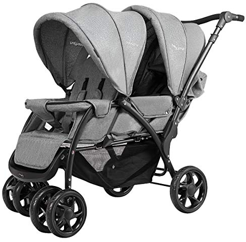 GOPLUS Geschwisterwagen Zwillingswagen, Kinderbuggy Klappbar, Buggy Zwilinge, Kinderwagen Babybuggy, Babywagen Grau, für Babys ab 6 Monate (Grau)