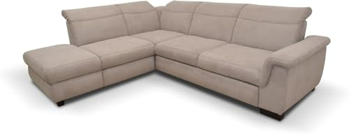 DOMO. collection Sully Sofa/Ecksofa mit Rückenfunktion/Couch mit weichen Armlehnen und Federkern/Maße: 273/228 cm (Breite/Tiefe) / Farbe: beige (weiß), 273x228x81 cm | Ottomane links mit Federkern, L-Form mit Bettkasten und Holzfüßen, 273 x 228 x 81 cm (BxTxH)