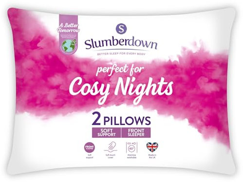 Slumberdown Cosy Nights Bed Pillows 2 Pack Non-Allergenic Ultra Soft Front & Back Sleeper Pillows - Soft Touch Breathable Cover, Made in the UK & Washable, Packaging May Vary (48 x 74cm)