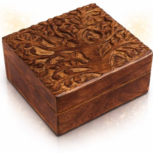 Handgefertigte dekorative Holz-Schmuckschatulle Baum des Lebens Schnitzerei Schmuck Organizer Andenkenbox Schatztruhe Schmuckkästchen Halter Uhrenbox Aufbewahrungsbox Schlossbox 15 x 15 cm