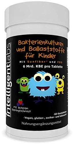 6 Milliarden KBE Probiotika für Kinder mit Präbiotika, teilweise hydrolysiertes Guarkernmehl und Fos, für 10x mehr Wirksamkeit. Eine Kapsel am Tag, großartiger Geschmack, Probiotika zum Kauen
