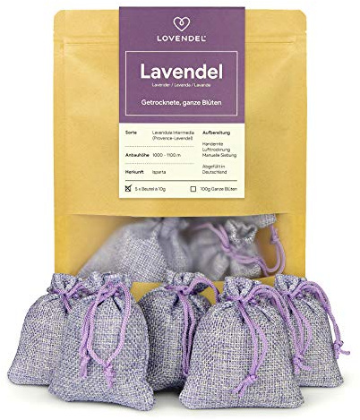 LOVENDEL 5X Lavendelsäckchen mit Lavendel - Blüten - 50g Natürlicher Bio Mottenschutz in Duftsäckchen für den Kleiderschrank