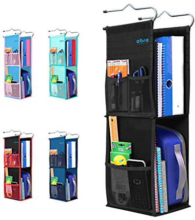 ABRA® Hängender Spind-Organizer mit 2 Ablagen für Schule, Arbeit und Fitnessstudio, tiefe Regale, 16,5 x 22,9 cm, umweltfreundlicher Stoff, gesund für Kinder (reines Schwarz)