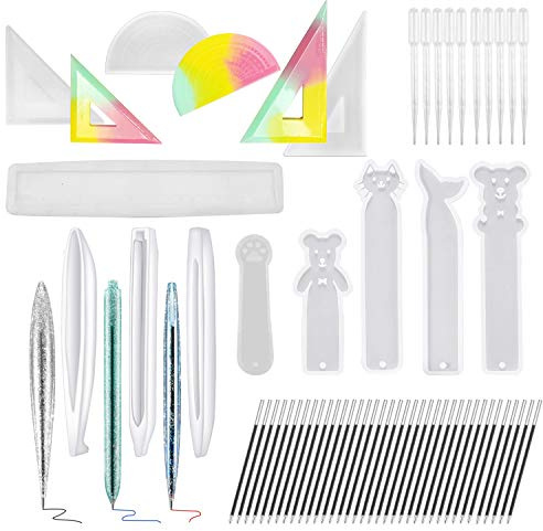 Woohome 23 Stück Silikonform Gießform Resin Form, Kugelschreiber Harzform mit Nachfüllungen, Lineal Silikonform Gießform, Lesezeichen Resin Form für Schülergeschenke