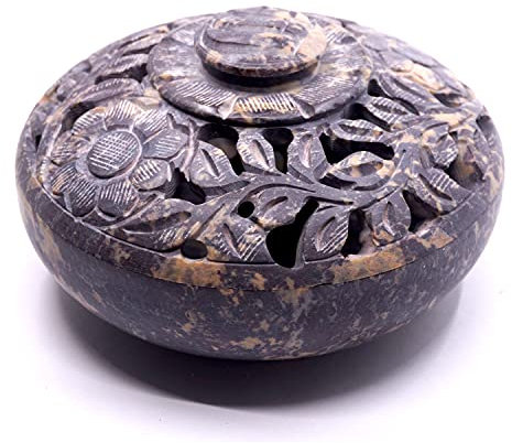 Farbenwald - Räucherschale aus Speckstein mit Deckel, Durchmesser 11cm, Handarbeit, geeignet für Räucherungen mit Kohle, Räucherkegel und für Räucherstäbchen