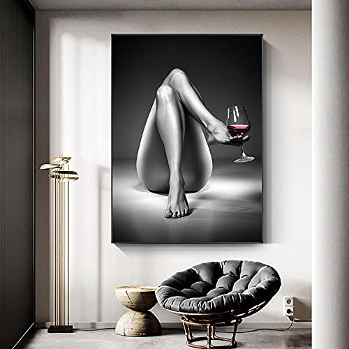 Rumlly Frau und Weinglas Leinwand Gemälde Schwarz Weiß Mädchen Poster und Drucke Wandkunst Bilder für Wohnzimmer Wohnkultur 20x30cm Rahmenlos