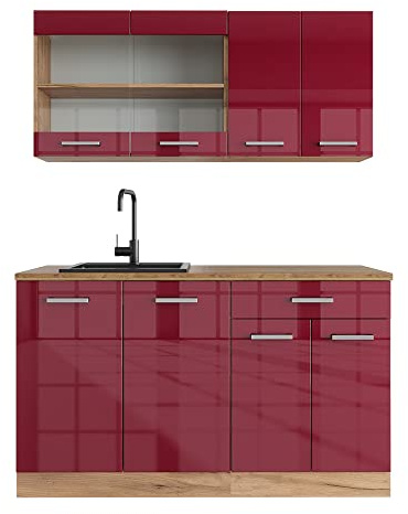 Vicco Singleküche R-Line, Rot Hochglanz/Goldkraft Eiche, 140 cm | 4 Module · Höhenverstellbare Füße · Ohne Arbeitsplatte · Robuste Fronten · Mit Glasschrank · Frei kombinierbar