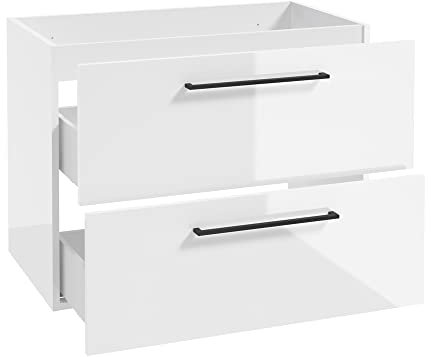Lomadox Waschtischunterschrank mit Metallgriffen in schwarz, 80 cm breit mit 2 Schubkästen, in weiß Hochglanz lackiert, B/H/T: ca. 80/60/40 cm