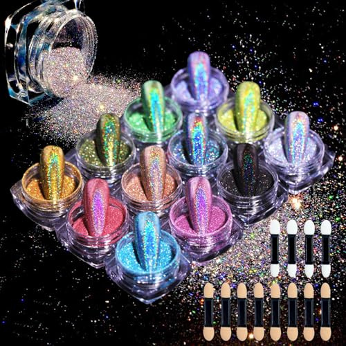 MKNZOME 12 Colors Nail Glitter, Chrome Holographic Nail Powder Ultra Fine Laser Chameleon Rainbow Blue Black Gold Silver Powder Set for Nail Art Tips Manicure Design Decoration