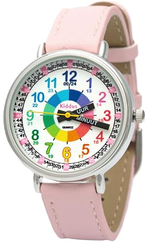 Kiddus Orologio Educativo per Bambini. Da Polso, Analogico. Con Esercizi per Imparare a Leggere l’Ora. Disegnato a Barcelona. Dutch PU Leder Rosa