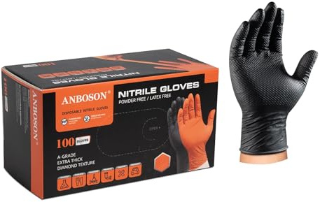 ANBOSON 10mil Heavy Duty Nitrile Gloves XL Black Disposable Rubber Gloves with Diamond Grip Anti Chemical Puncture Resistant Mechanics Guantes for Men/Auto repair/Cooking/Food Grade-Latex Free-100PCS