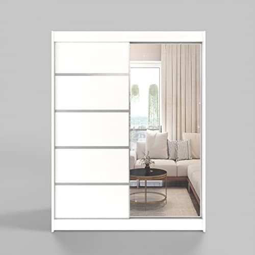 ML Furniture T3 Schiebeschrank 180 cm mit Spiegel, Kleiderschrank Schlafzimmer, Garderobeschrank Wohnzimmer - 180 x 215 x 58 Farbe: Weiss, Schwebetürenschrank