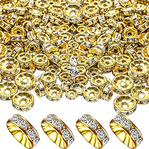 400Pcs 6mm Gold funkelnden Rondelle Spacer Perlen, Kristall Strass Charme Perlen flach rund lose Perlen für Schmuck Armbänder machen