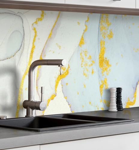 MyMaxxi Küchenrückwand selbstklebend – Matte, 0,4 mm Premium Spritzschutz Folie als günstige Alternative zu Glas, einfache Montage & leichte Reinigung – Motiv: Marmor blau Gold B 340 cm x H 60 cm