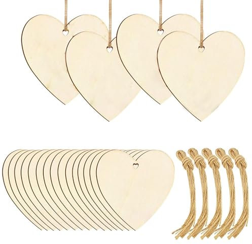 ABSOK 50 Pack of Wooden Love Hearts - 7.6x7.6 cm Unfinished Wooden Shaped Heart Set with Holes - Decorations for Weddings, Parties, Anniversaries, Personalised Gifts, Arts and Crafts