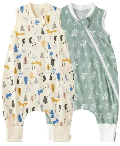 Duomiaomiao Pack de 2 sacos de dormir para bebé con pies, 0,5 tog, para todo el año, dibujos animados, ligeros de algodón de, adecuado para niños de 6 meses a 6 años