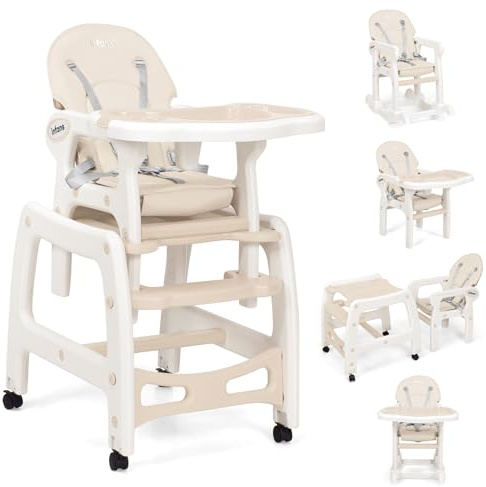 INFANS 5 in 1 Baby High Chair, Convertible Toddler Table Chair Set, Rocking Chair, Multi-Function Seat with Lockable Universal Wheels, Adjustable Seat Back, Removable Trays
