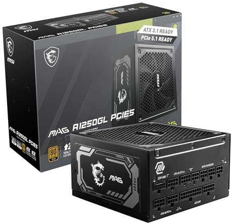 MSI MAG A1250GL PCIE5, Fully Modular Compact Gaming 1250W Power Supply, 80+ Gold, ATX 3.1 & PCIe 5.1 Ready, Native Dual-Color 12V-2x6 Cable, 10 Year Warranty