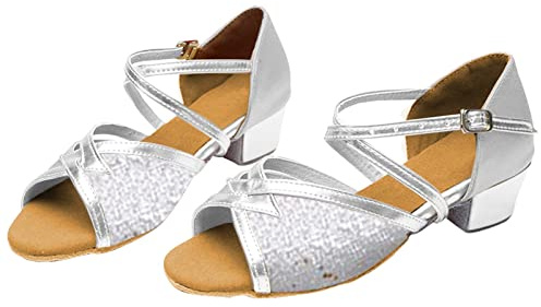 Scarpe da ballo da principessa, ballerine, scarpe da bambina con tacco alto, elegante vestito scarpe da cerimonia nuziale, scarpe glitterate per bambini, sandali da ragazza, argento, 27 EU